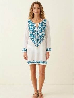 Beach by Exist Embroidered Cover Up Women’s Small White And Blue 100% Cotton
